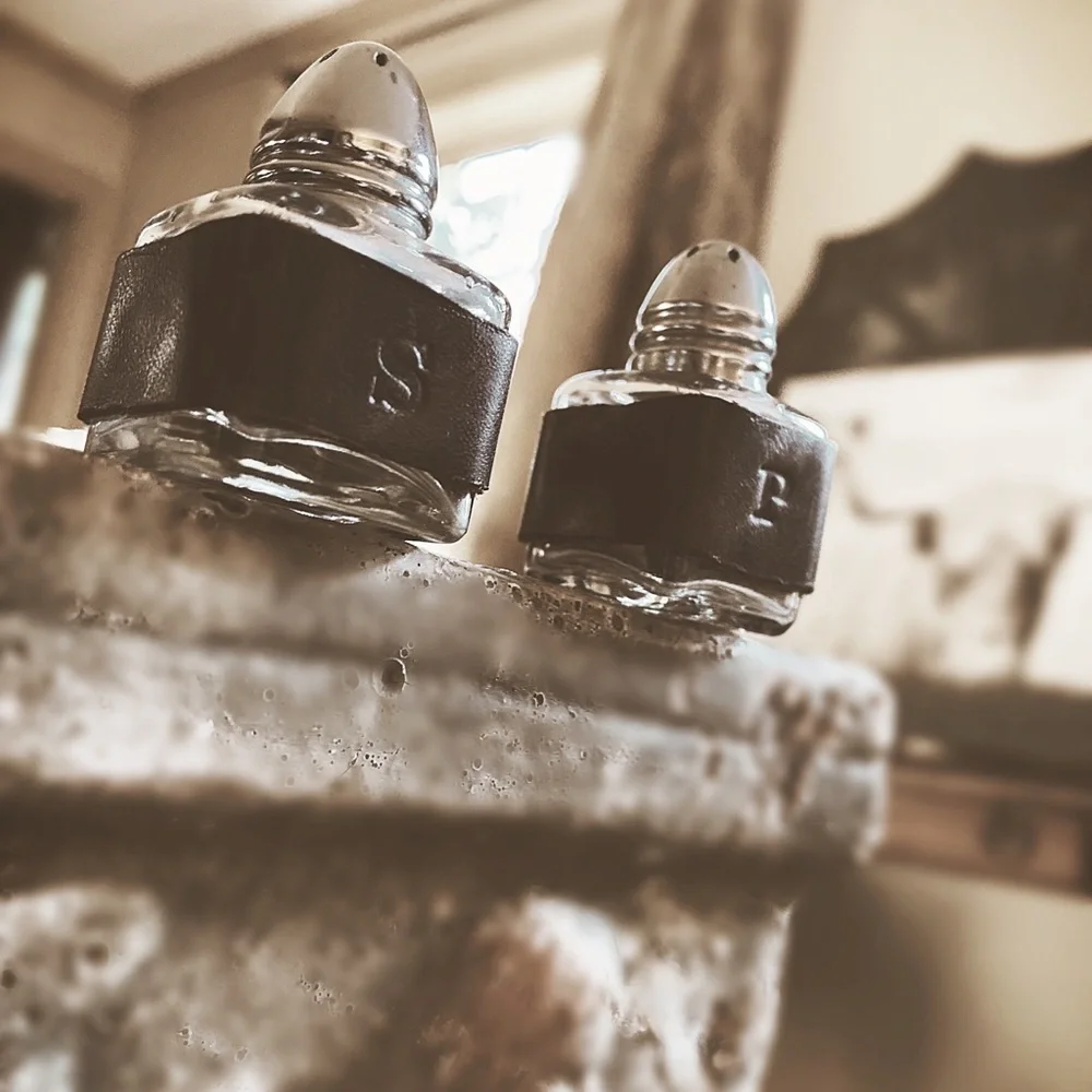Mini Glass Salt & Pepper Shakers Set | Hand-Wrapped Rustic Italian Leather